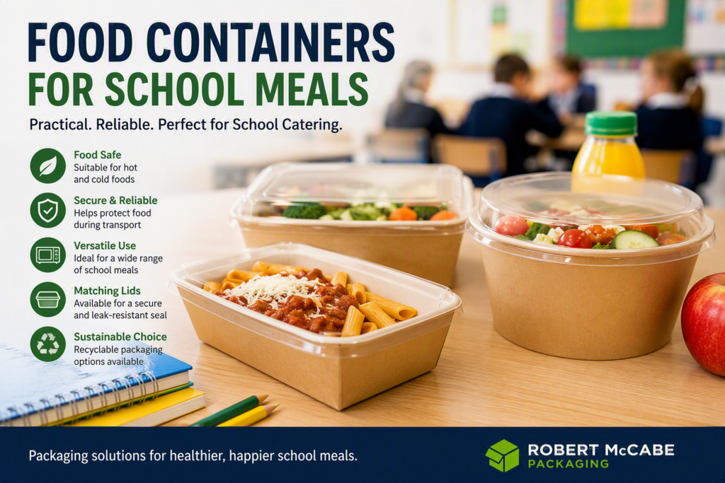 Food containers for school meals including kraft rectangular bowls and salad bowls with secure lids